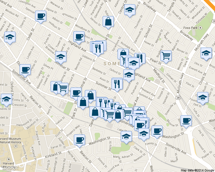 map of restaurants, bars, coffee shops, grocery stores, and more near 27 Avon Street in Somerville