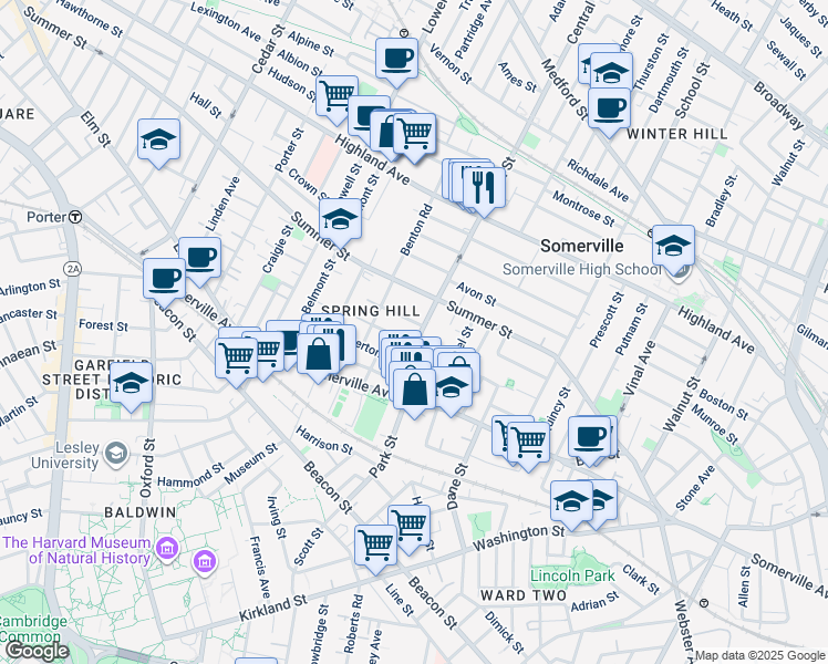 map of restaurants, bars, coffee shops, grocery stores, and more near 9 Monmouth Street in Somerville