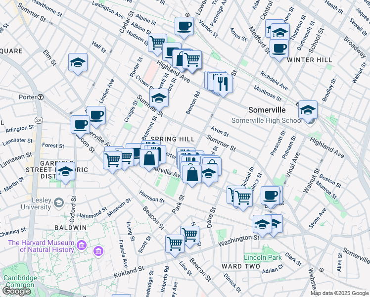 map of restaurants, bars, coffee shops, grocery stores, and more near 9 Monmouth Street in Somerville