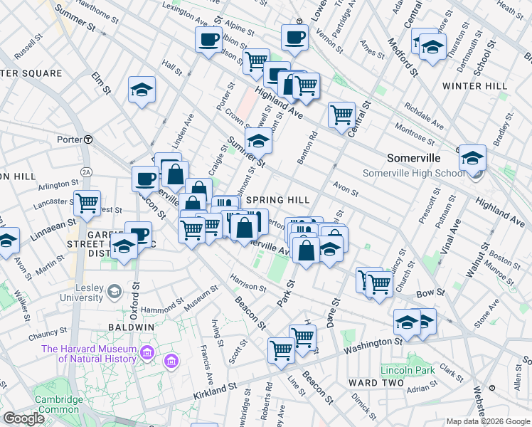 map of restaurants, bars, coffee shops, grocery stores, and more near 32 Spring Street in Somerville