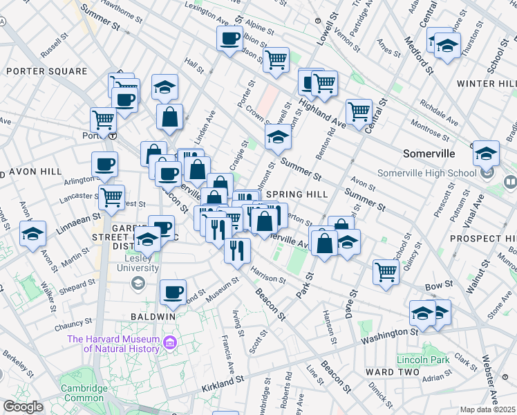 map of restaurants, bars, coffee shops, grocery stores, and more near 22 Belmont Street in Somerville