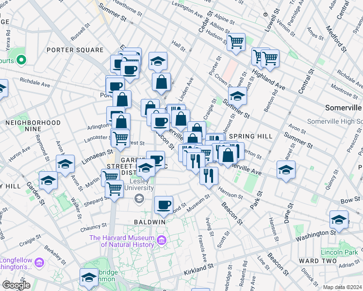 map of restaurants, bars, coffee shops, grocery stores, and more near 693 Somerville Avenue in Somerville