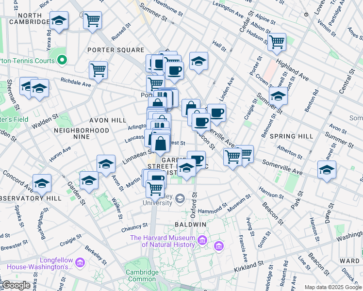 map of restaurants, bars, coffee shops, grocery stores, and more near 9 Forest Street in Cambridge