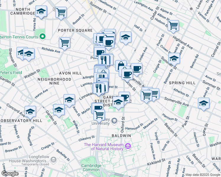 map of restaurants, bars, coffee shops, grocery stores, and more near 9 Forest Street in Cambridge