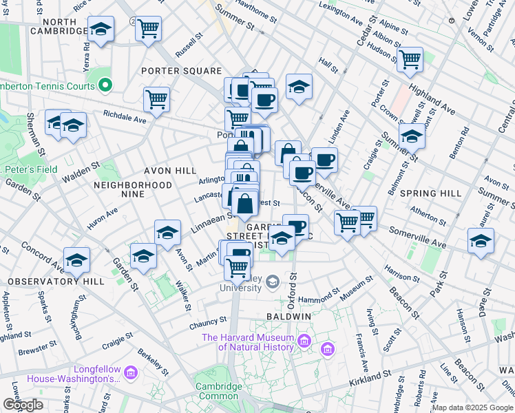 map of restaurants, bars, coffee shops, grocery stores, and more near 9 Forest Street in Cambridge
