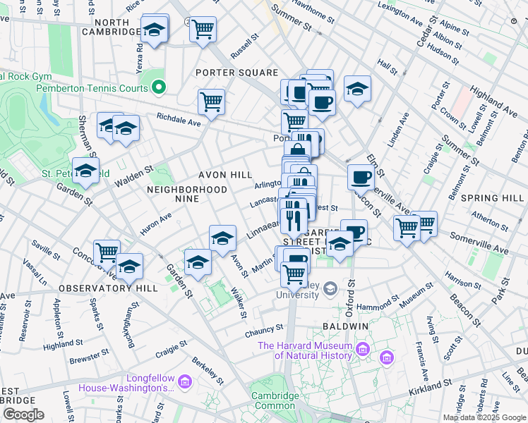 map of restaurants, bars, coffee shops, grocery stores, and more near 15 Humboldt Street in Cambridge