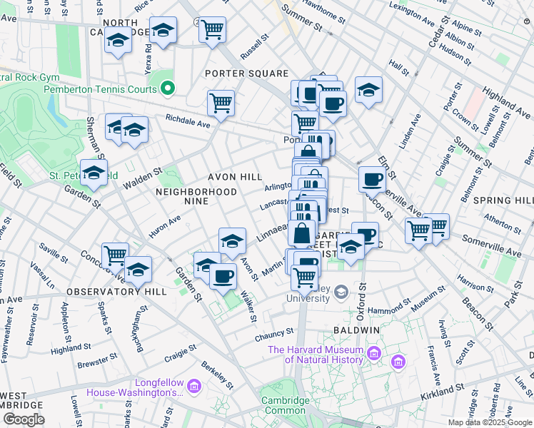 map of restaurants, bars, coffee shops, grocery stores, and more near 32 Lancaster Street in Cambridge