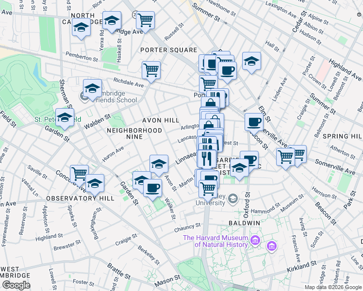map of restaurants, bars, coffee shops, grocery stores, and more near 32 Lancaster Street in Cambridge