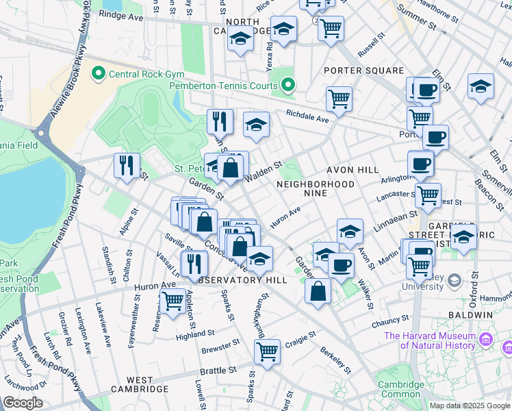 map of restaurants, bars, coffee shops, grocery stores, and more near 33 Fenno Street in Cambridge