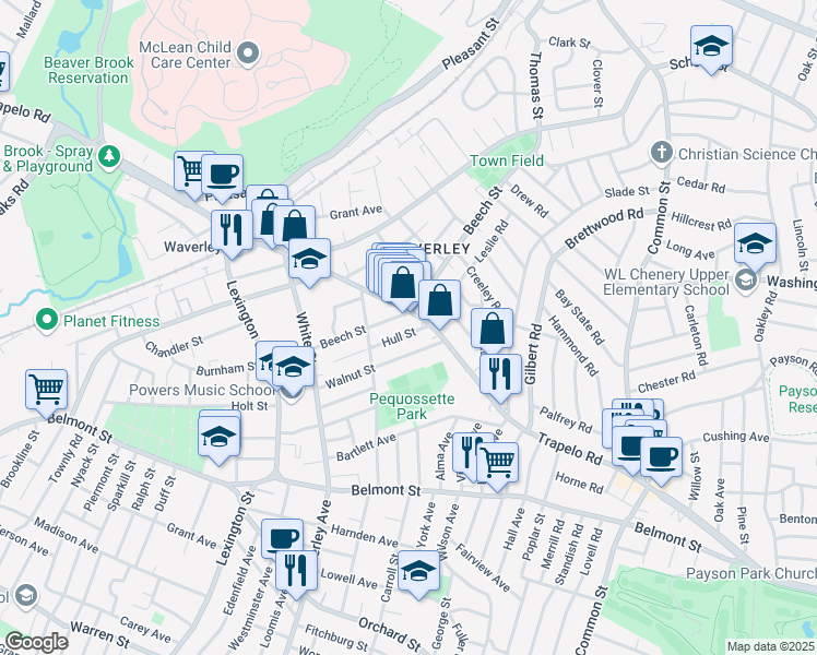 map of restaurants, bars, coffee shops, grocery stores, and more near 362 Trapelo Road in Belmont