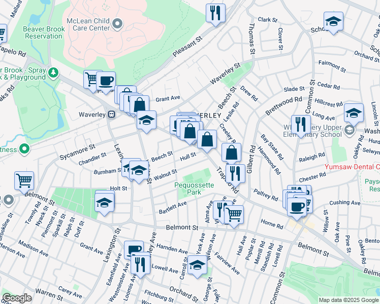 map of restaurants, bars, coffee shops, grocery stores, and more near 362 Trapelo Road in Belmont