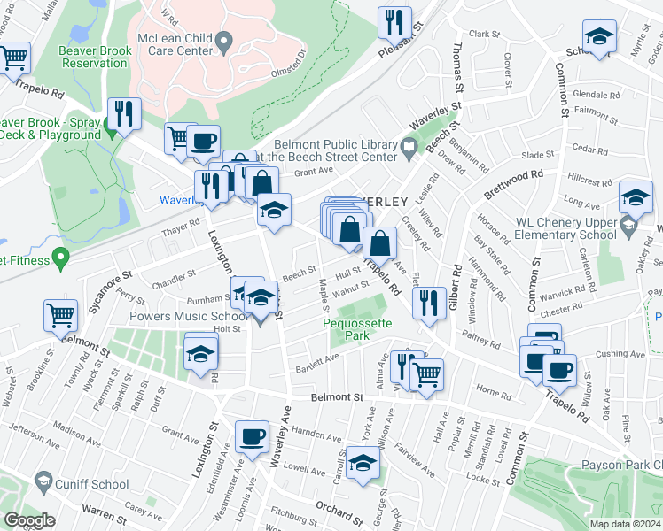 map of restaurants, bars, coffee shops, grocery stores, and more near 16 Maple Street in Belmont