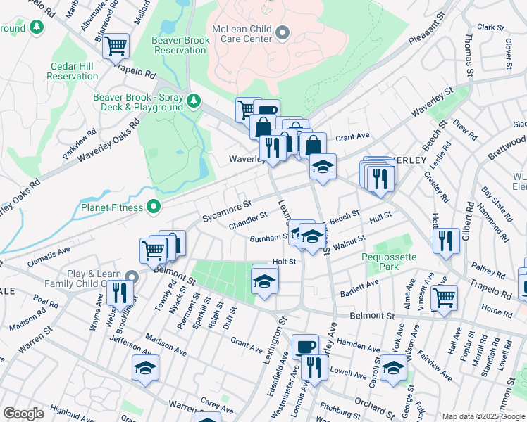 map of restaurants, bars, coffee shops, grocery stores, and more near 104-106 Sycamore Street in Belmont