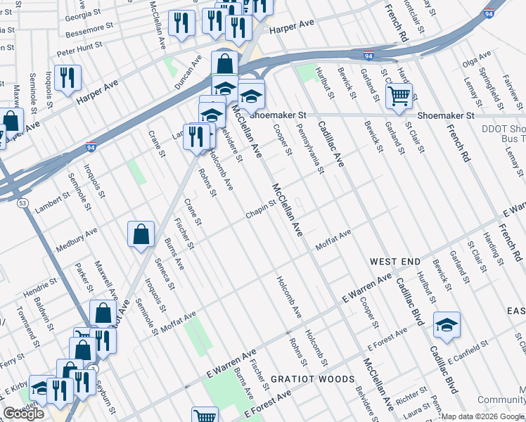 map of restaurants, bars, coffee shops, grocery stores, and more near 5721 Belvidere Street in Detroit