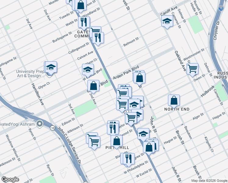 map of restaurants, bars, coffee shops, grocery stores, and more near 9504 Woodward Avenue in Detroit