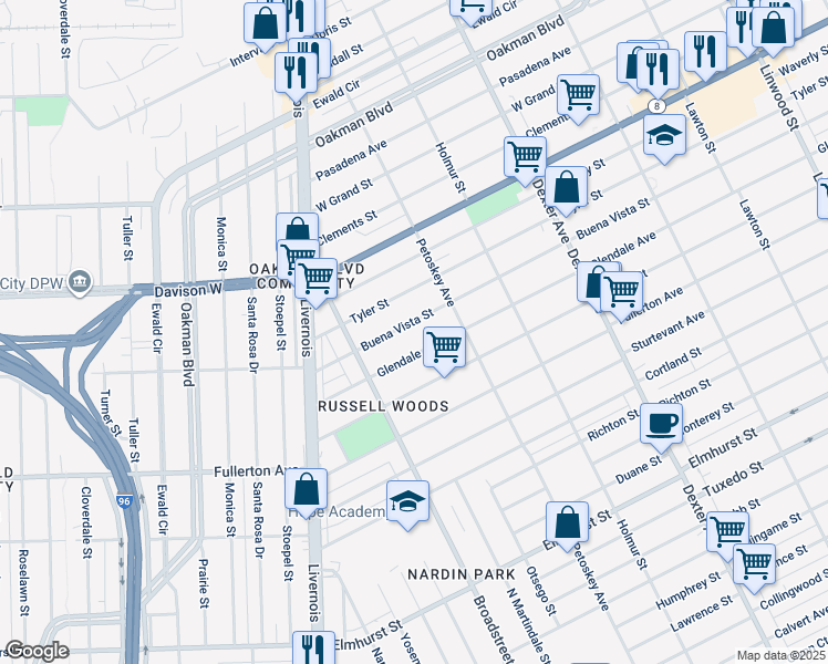 map of restaurants, bars, coffee shops, grocery stores, and more near 4310 Buena Vista Street in Detroit