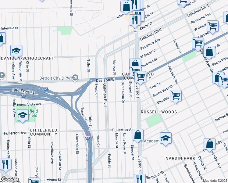 map of restaurants, bars, coffee shops, grocery stores, and more near 3091 Oakman Boulevard in Detroit