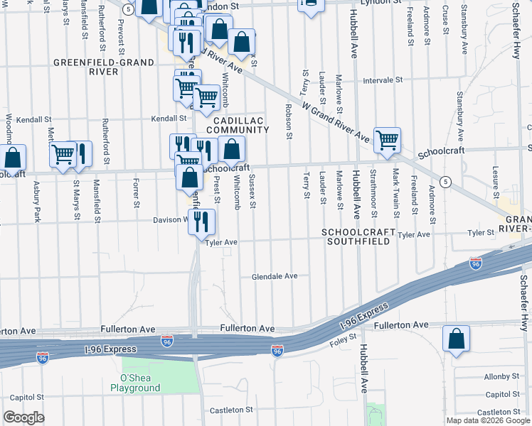 map of restaurants, bars, coffee shops, grocery stores, and more near 13302 Sussex Street in Detroit