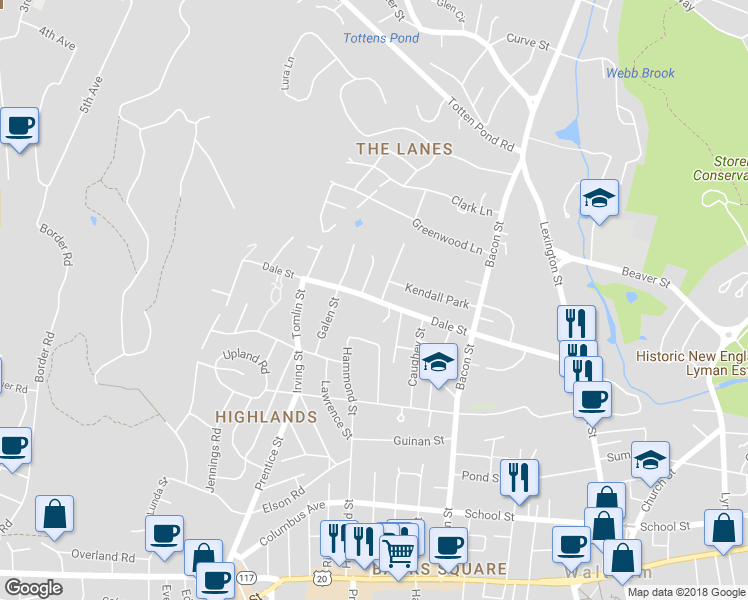 map of restaurants, bars, coffee shops, grocery stores, and more near 196 Dale Street in Waltham