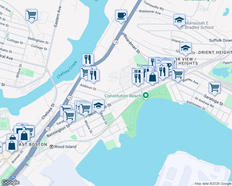 map of restaurants, bars, coffee shops, grocery stores, and more near 144 Addison Street in Boston