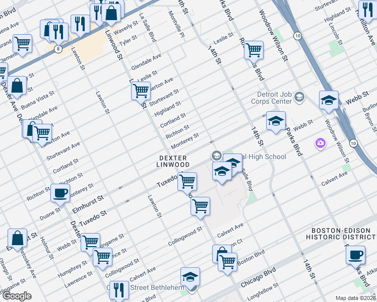 map of restaurants, bars, coffee shops, grocery stores, and more near 2511 Monterey Street in Detroit