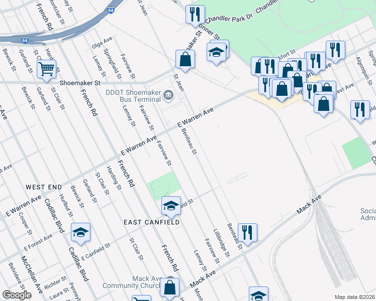 map of restaurants, bars, coffee shops, grocery stores, and more near 4605 Beniteau Street in Detroit