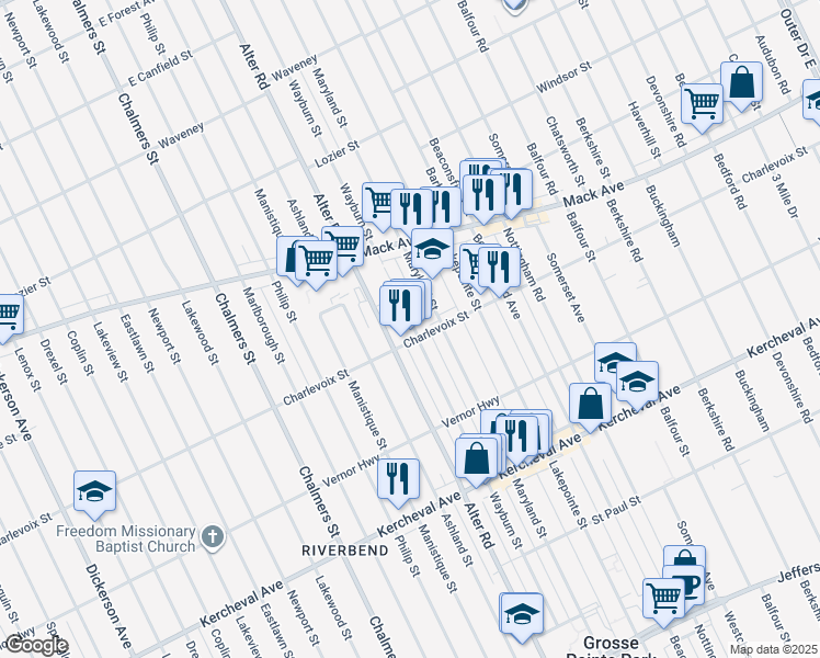 map of restaurants, bars, coffee shops, grocery stores, and more near 1431 Wayburn Street in Grosse Pointe