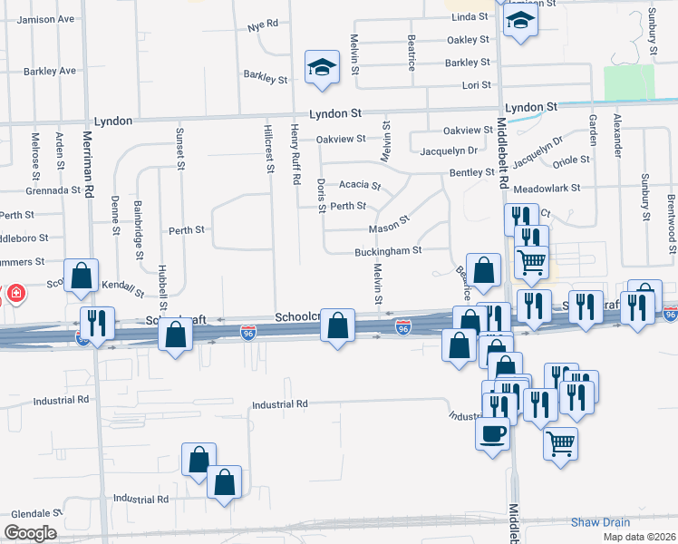 map of restaurants, bars, coffee shops, grocery stores, and more near 30211 Buckingham Street in Livonia