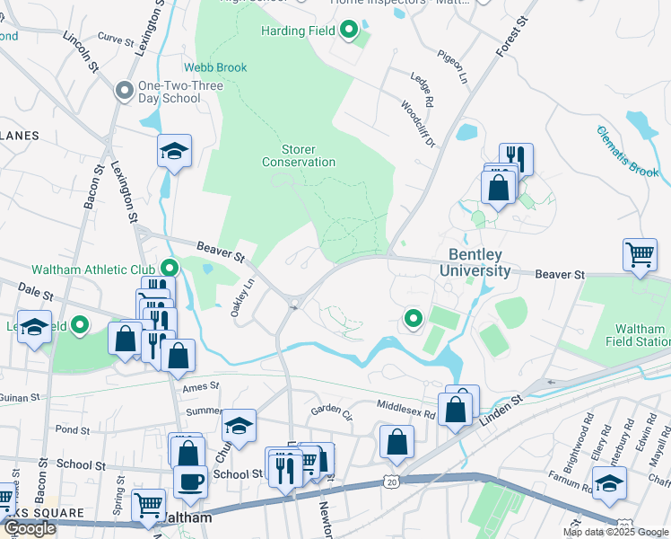 map of restaurants, bars, coffee shops, grocery stores, and more near 577 Beaver Street in Waltham
