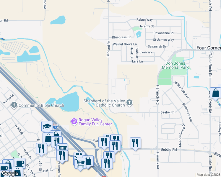 map of restaurants, bars, coffee shops, grocery stores, and more near 5154-5178 Gebhard Rd in Central Point