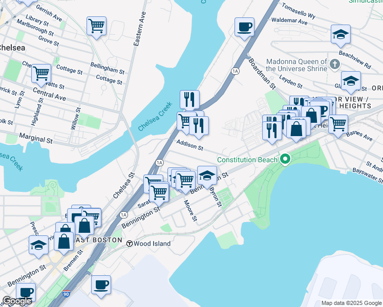 map of restaurants, bars, coffee shops, grocery stores, and more near 103 Addison Street in Boston