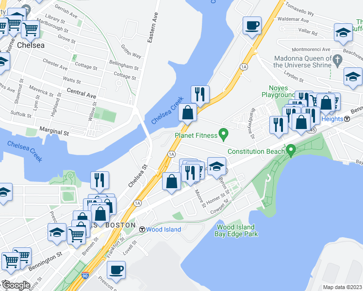 map of restaurants, bars, coffee shops, grocery stores, and more near 14-16 Wordsworth Street in Boston