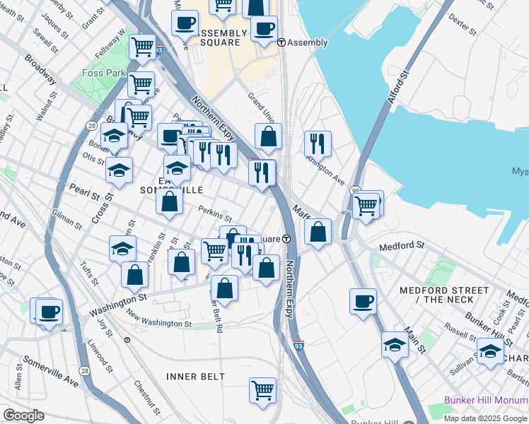 map of restaurants, bars, coffee shops, grocery stores, and more near 16 Mount Vernon Street in Somerville