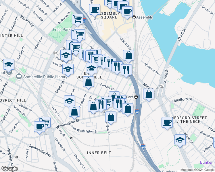 map of restaurants, bars, coffee shops, grocery stores, and more near 20 Lincoln Avenue in Somerville