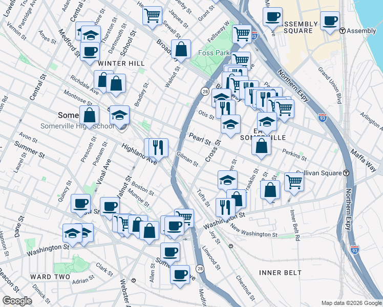 map of restaurants, bars, coffee shops, grocery stores, and more near 83 Flint Street in Somerville