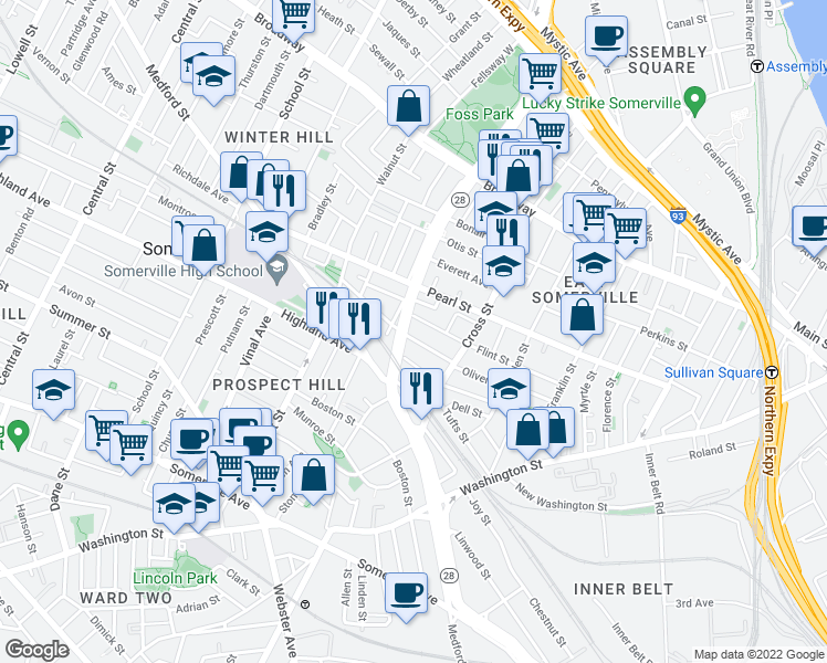 map of restaurants, bars, coffee shops, grocery stores, and more near 30 Aldrich Street in Somerville