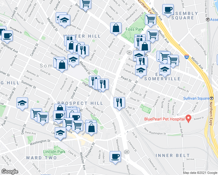 map of restaurants, bars, coffee shops, grocery stores, and more near 285 Medford Street in Somerville