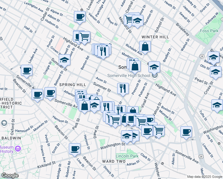 map of restaurants, bars, coffee shops, grocery stores, and more near 27 Avon Street in Somerville
