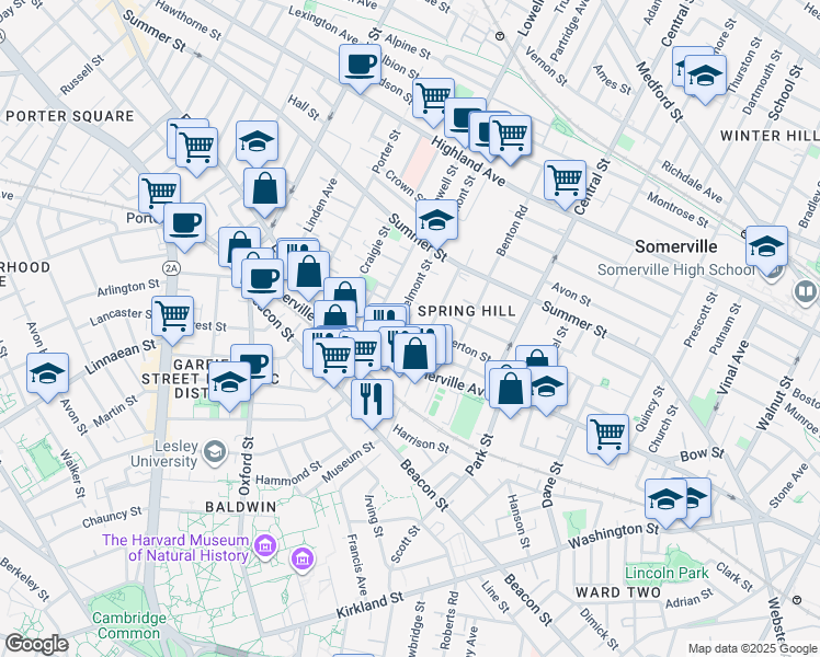 map of restaurants, bars, coffee shops, grocery stores, and more near 22 Belmont Street in Somerville