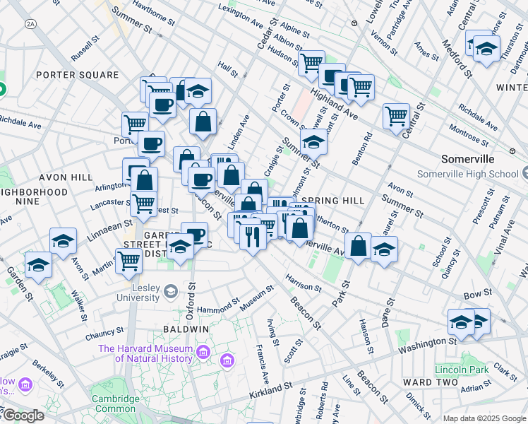 map of restaurants, bars, coffee shops, grocery stores, and more near 14 Ibbetson Street in Somerville