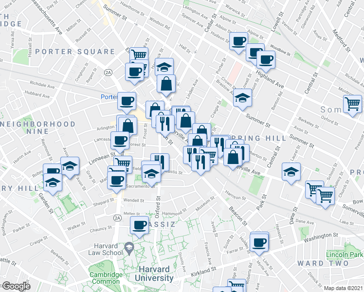map of restaurants, bars, coffee shops, grocery stores, and more near 693 Somerville Avenue in Somerville