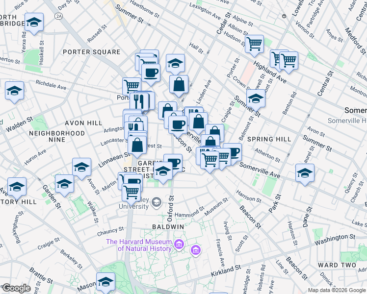 map of restaurants, bars, coffee shops, grocery stores, and more near in Somerville