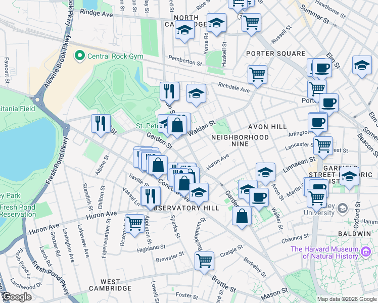 map of restaurants, bars, coffee shops, grocery stores, and more near 33 Fenno Street in Cambridge