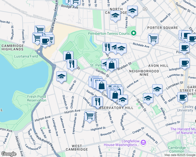 map of restaurants, bars, coffee shops, grocery stores, and more near 180 Fayerweather Street in Cambridge
