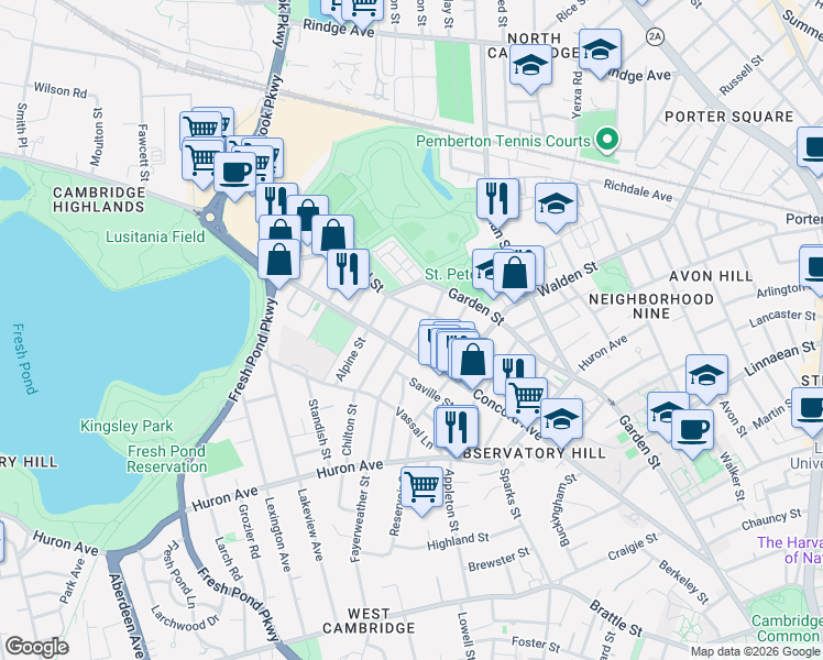 map of restaurants, bars, coffee shops, grocery stores, and more near 156 Chilton Street in Cambridge