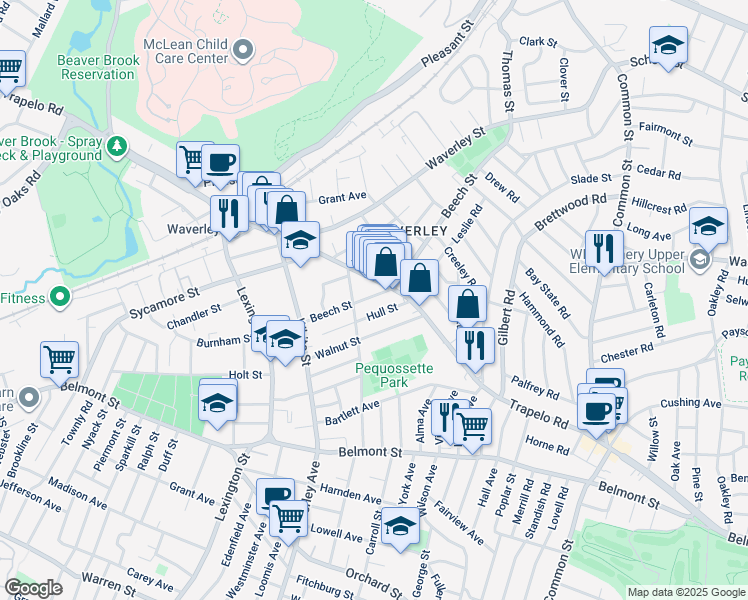 map of restaurants, bars, coffee shops, grocery stores, and more near 362 Trapelo Road in Belmont