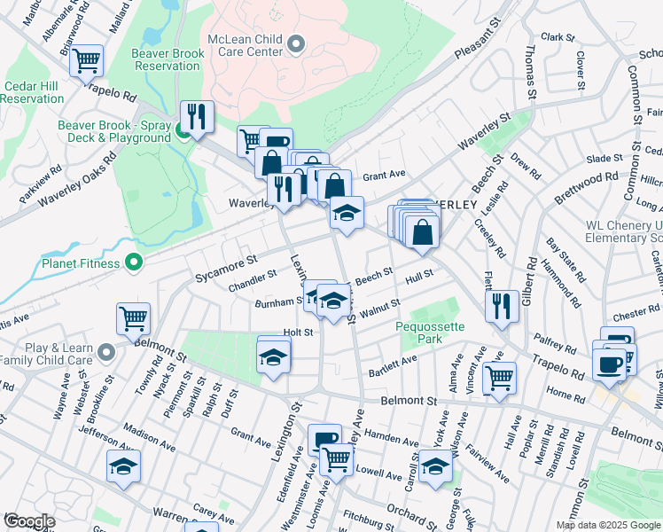 map of restaurants, bars, coffee shops, grocery stores, and more near 103 White Street in Belmont
