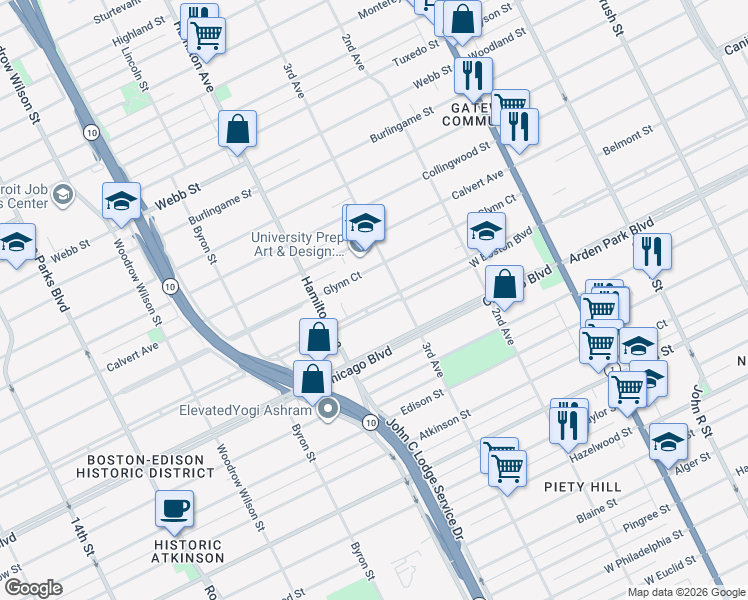 map of restaurants, bars, coffee shops, grocery stores, and more near 872 West Boston Boulevard in Detroit