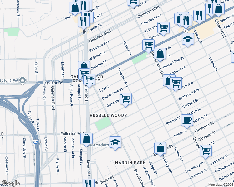 map of restaurants, bars, coffee shops, grocery stores, and more near 4310 Buena Vista Street in Detroit