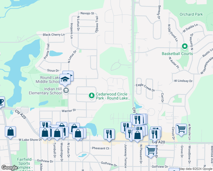 map of restaurants, bars, coffee shops, grocery stores, and more near 2030 Westview Lane in Round Lake Beach